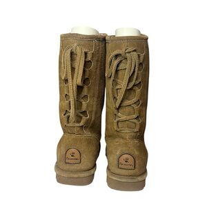 BEARPAW Tan Boots Mid Calf Boots Hickory Leather size 8 Women Boots Tied Back